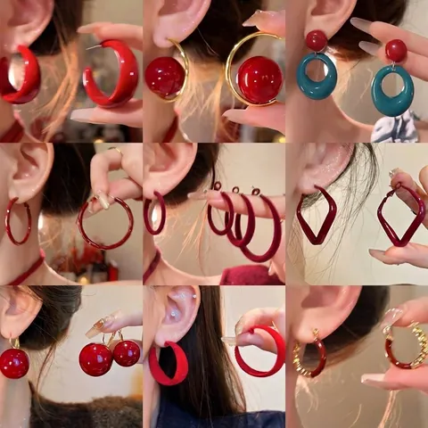 Orecchini a Cerchio Vintage Rosso Ancora per Donna Stile Hong Kong Orecchini Pendenti Round Geometrici Perno in Argento Eleganti Gioielli