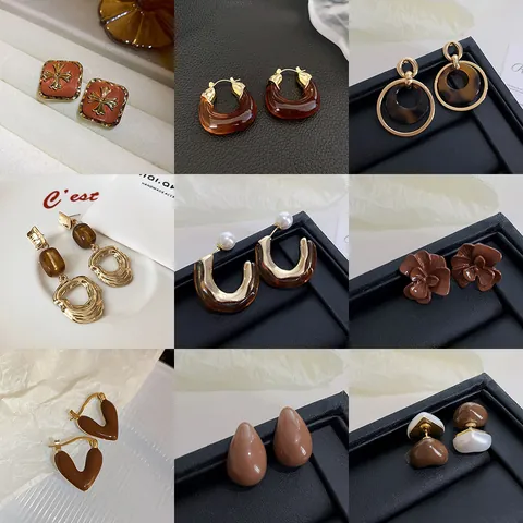 Retro Maillard Style Alloy Coffee Heart Stud Earrings Elegant Luxury Geometric Leopard Enamel Gold Plated Silver Post Earrings Jewelry For Women