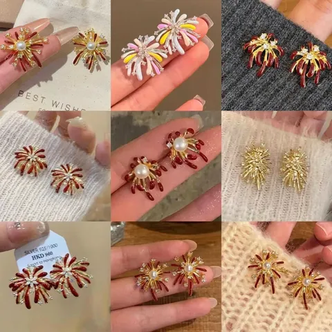 Fireworks Flower Stud Earrings For Women With 925 Sterling Silver Earring Post Alloy Rhinestone Artificial Pearl Red Gold Earrings