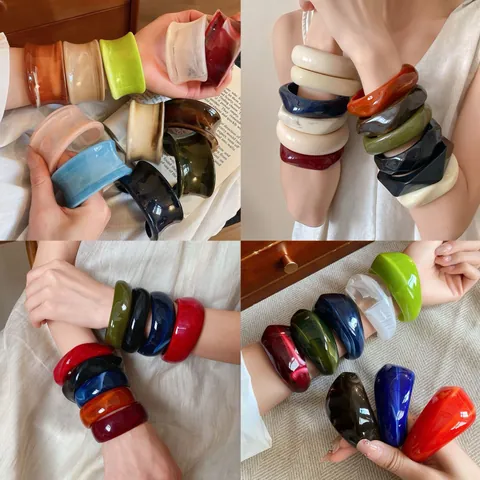 Vintage Acrylic Bangle Bracelet For Women Geometric Open Cuff Bracelet Fashion Marbled Pattern Jewelry Trendy Chunky Wrist Band Accessory