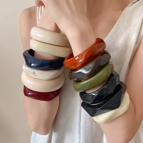 Vintage Acrylic Bangle Bracelet For Women Geometric Open Cuff Bracelet Fashion Marbled Pattern Jewelry Trendy Chunky Wrist Band Accessory