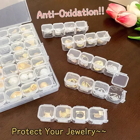Caja Organizadora de Joyas de Plástico Transparente con Varias Rejillas Antipolvo para Pendientes Anillos Collares Joyero Portátil