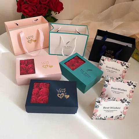 Juego de Caja de Regalo de Joyería con Rosas y Flores de Jabón Bolso Tarjeta de Felicitación Organizador de Joyas Romántico para Mujer Regalo