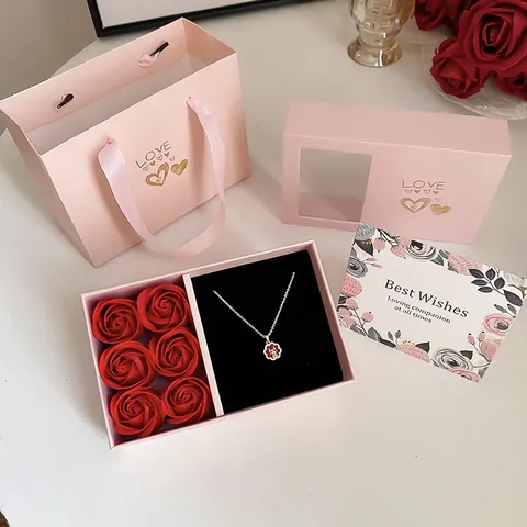 Juego de Caja de Regalo de Joyería con Rosas y Flores de Jabón Bolso Tarjeta de Felicitación Organizador de Joyas Romántico para Mujer Regalo