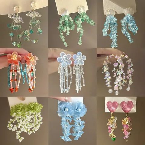 Boucles d'Oreilles Pendantes à Glands Floraux en Perles de Rocaille pour Femmes Bohème Cuivre Paillettes Strass Perle Artificielle Bijoux Vacances Tige en Argent