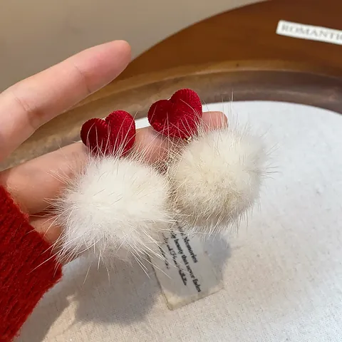 Heart Bow Pom-pom Drop Earrings With Silver Earring Post Alloy Artificial Pearl Plush Ear Jewelry For Women Winter Fashion
