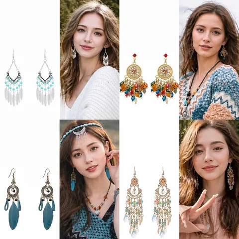 Bohemian Vintage Drop Tassel Earrings For Women Ethnic Style Handcrafted Beaded Feather Fringe Earrings For Vacation Party Jewelry