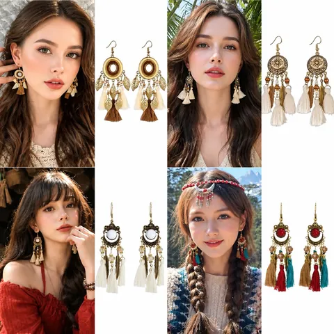 Bohemian Vintage Drop Tassel Earrings For Women Ethnic Style Handcrafted Beaded Feather Fringe Earrings For Vacation Party Jewelry