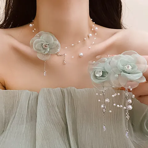 Collier Pendentif Fleur en Filet Vert Menthe Style Coréen Perle Artificielle Zirconia Goutte d'Eau Chaîne de Clavicule Bijoux pour Femmes