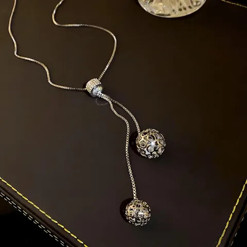 Fashion Titanium Steel Rhinestone Long Adjustable Necklace For Women Hollow Sphere Pendant Sweater Chain Silver Jewelry