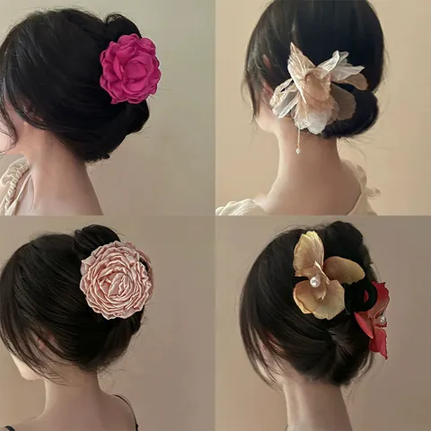 Handmade Fabric Flower Hair Claw Clip For Women Sweet Floral Hair Accessories Elegant Shark Clip With Artificial Pearl Decoration