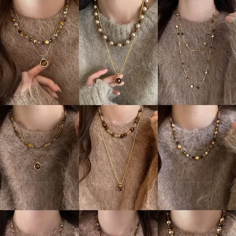 Vintage Tiger Eye Stone Double Layer Stackable Necklace Luxury Gold Plated Beaded Clavicle Chain Jewelry For Women Autumn Winter Fashion