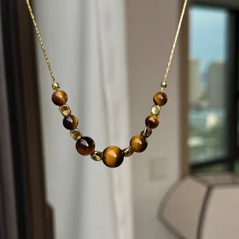 Real Gold Plated Tiger Eye Stone Beaded Necklace Vintage Adjustable Gradient Sweater Chain For Women Meillard Style