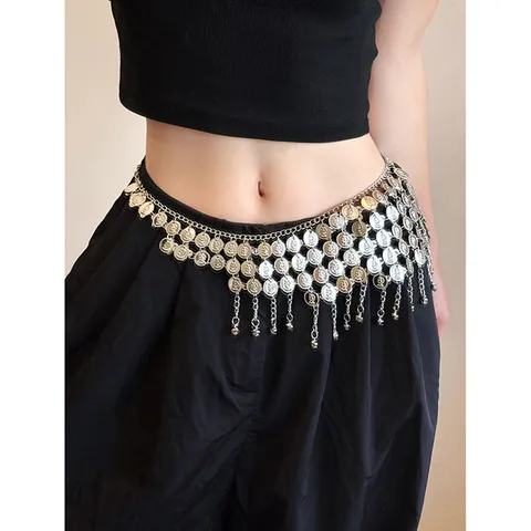 Chaîne de Taille Bohème en Alliage avec Glands de Pièces et Cloches Style Ethnique Bijoux de Corps Ceinture de Danse du Ventre