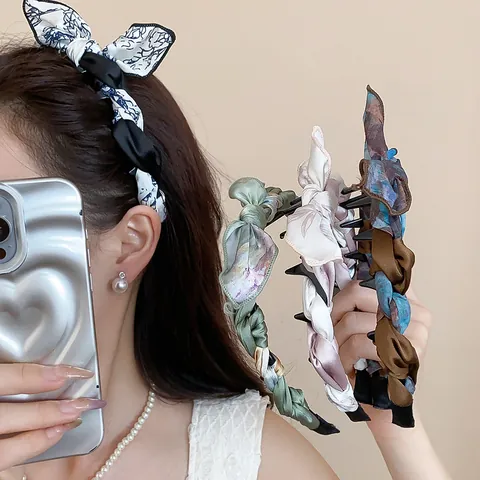 Korean Style Fabric Scarf Wrapped Bow Headband Sweet Retro High Skull Top Satin Finish Versatile Hair Accessory For Women