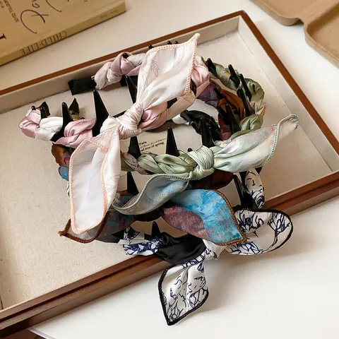 Korean Style Fabric Scarf Wrapped Bow Headband Sweet Retro High Skull Top Satin Finish Versatile Hair Accessory For Women