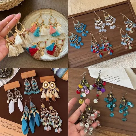 Orecchini Bohemian Vintage Etnici con Piume e Nappe Fatti a Mano in Lega di Acciaio Inossidabile per Donna Accessorio Vacanza Mare