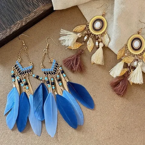 Bohemian Feather Tassel Dangle Earrings Ethnic Vintage Alloy Beads With 925 Sterling Silver Earring Post Women Jewelry