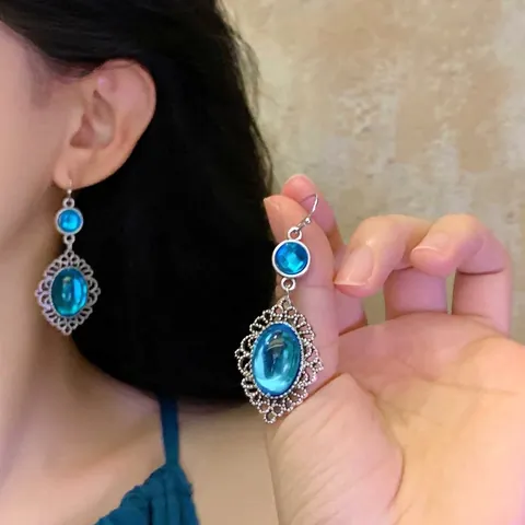 Vintage Ethnic Style Oval Blue Resin Drop Earrings For Women Silver Plated Hollow Lace Geometric Boho Fashion Ear Hook Earrings