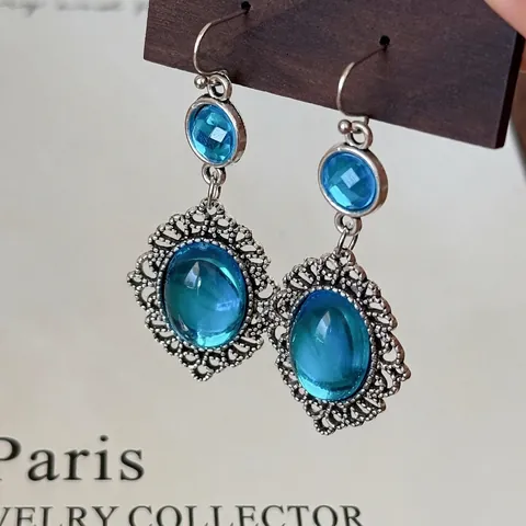 Vintage Ethnic Style Oval Blue Resin Drop Earrings For Women Silver Plated Hollow Lace Geometric Boho Fashion Ear Hook Earrings