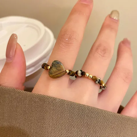 Tiger Eye Beaded Ring Heart Shaped Spotted Stone Golden Beads Elastic Stretch Vintage Bohemian Jewelry For Women