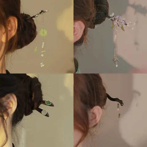 Vintage Wood Bamboo Joint Tassel Hair Stick Chinese Style Elegant Ebony Wood Hairpin With Resin Flower Artificial Pearl For Women Hanfu Jewelry