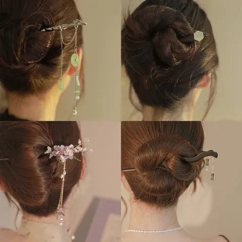 Vintage Wood Bamboo Joint Tassel Hair Stick Chinese Style Elegant Ebony Wood Hairpin With Resin Flower Artificial Pearl For Women Hanfu Jewelry
