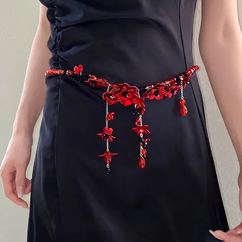 Western Style Glass Beaded Flower Tassel Waist Chain Fashion Exaggerated Red Black Adjustable Belt For Women Party Dress Accessory