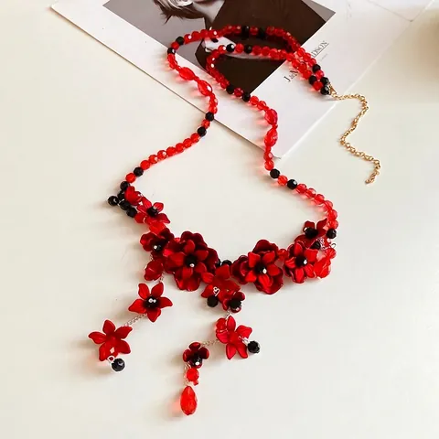 Western Style Glass Beaded Flower Tassel Waist Chain Fashion Exaggerated Red Black Adjustable Belt For Women Party Dress Accessory