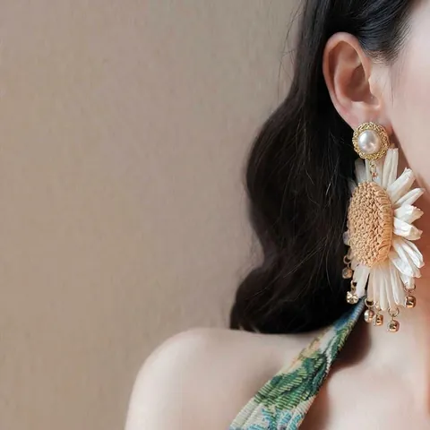 Boucles d'oreilles Pendantes en Paille de Rotin Marguerite Bohème pour Femmes Plage Vacances Alliage Strass Perle Tige Argent 925