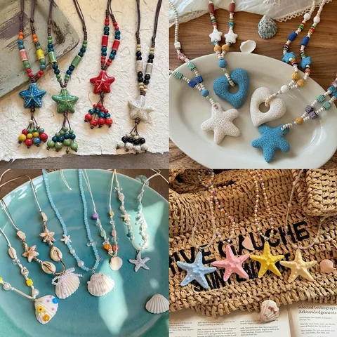 Böhmisch Retro Keramik Stern Perlen Quaste Halskette Für Damen Sommer Resort Stil Dopamin Schmuck Schlüsselbeinkette Geschenk