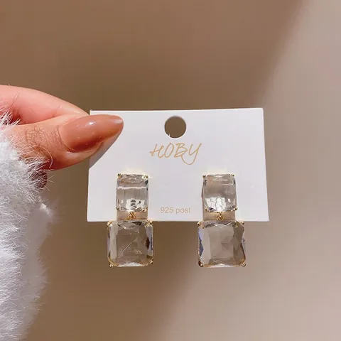 Pendientes de Botón Cuadrados Transparentes con Poste de Plata de Ley 925 Personalidad Geométrica Strass Joyería para Mujer