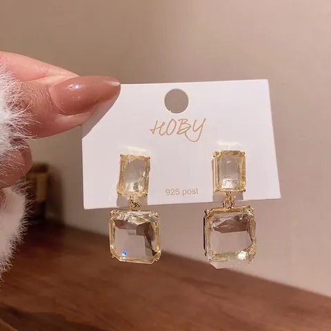 Pendientes de Botón Cuadrados Transparentes con Poste de Plata de Ley 925 Personalidad Geométrica Strass Joyería para Mujer
