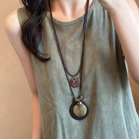 Long Collier Pendentif Bohème Vintage Ethnique Alliage Bois Résine Céramique Gland Géométrique Style De Vacances Pour Femmes