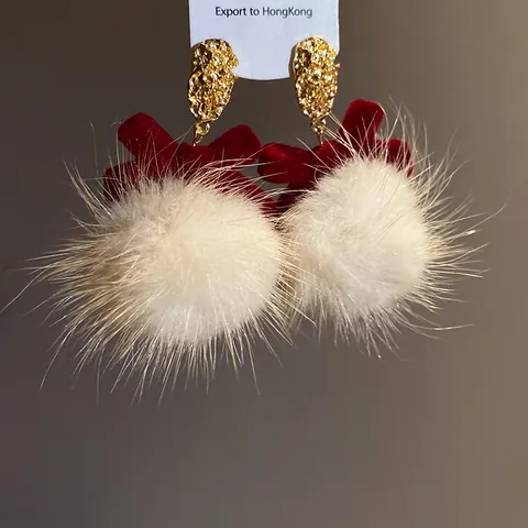 Vintage Beflockte Schleife Künstlicher Pelzball Hängeohrringe Für Damen 925 Sterlingsilber Stift Legierung Winter Rot Weiß Ohrringe Weihnachtsgeschenk