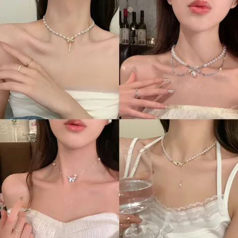 Collar con Colgante de Mariposa de Perla Artificial y Aleación Lujo Francés Elegante Cadena de Clavícula de Strass Joyería para Mujer