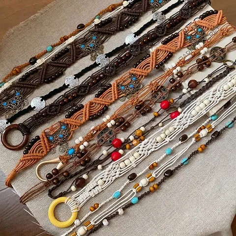 Bohemian Ethnic Style Multi Layer Woven Rope Circular Wood Bead Waist Chain Fashion Metal Belt For Women Jewelry Accessory