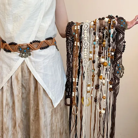 Bohemian Ethnic Style Multi Layer Woven Rope Circular Wood Bead Waist Chain Fashion Metal Belt For Women Jewelry Accessory