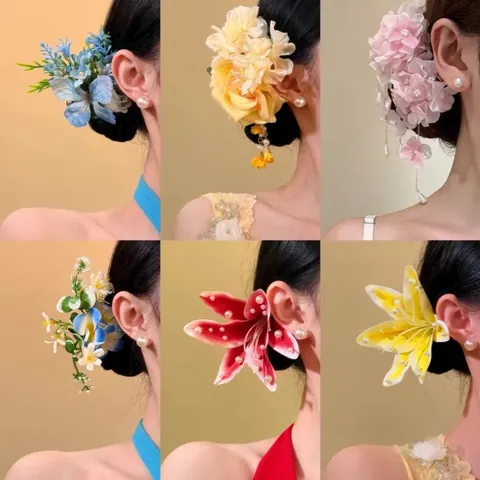 Pince à Cheveux Fleur et Papillon en Tissu Style Station Balnéaire Frais et Doux Épingle à Cheveux Florale Perle Artificielle Bec de Canard Femme