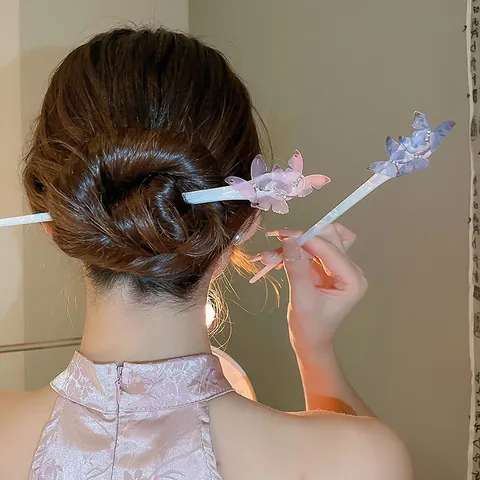 New Chinese Style Butterfly Acrylic Hair Stick Elegant Floral Rhinestone Tassel Hair Fork For Women Traditional Hair Jewelry Accessories