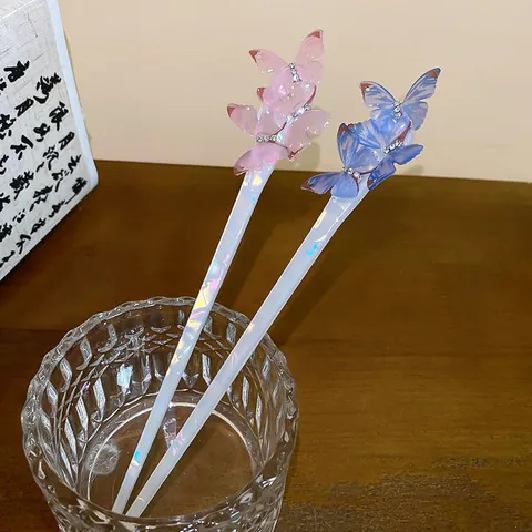 New Chinese Style Butterfly Acrylic Hair Stick Elegant Floral Rhinestone Tassel Hair Fork For Women Traditional Hair Jewelry Accessories