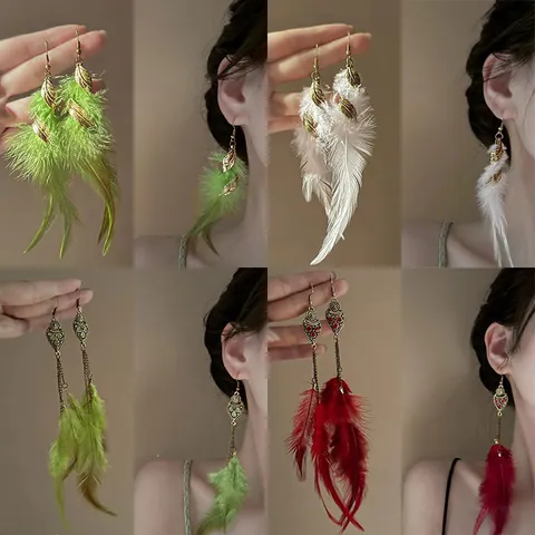Bohemian Ethnic Long Tassel Feather Drop Earrings For Women Vintage Alloy Leaf Rhinestone Artificial Pearl Dangle Earrings