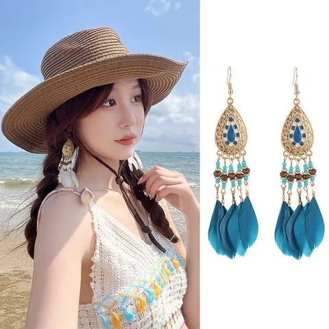 Bohemian Ethnic Long Tassel Feather Drop Earrings For Women Vintage Alloy Leaf Rhinestone Artificial Pearl Dangle Earrings