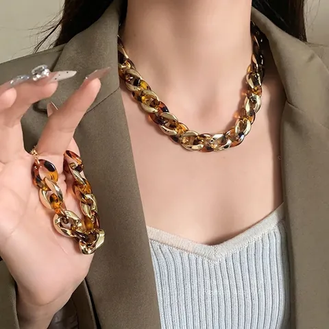 Collier Pendentif en Acrylique Léopard à Chaîne Géométrique Vintage pour Femmes Bijoux de Mode Automne Hiver