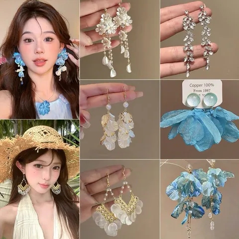 Sweet Fabric Flower Stud Earrings With Steel Earring Post Rhinestone Artificial Pearl Embellishments Romantic Floral Jewelry For Women Party Vacation