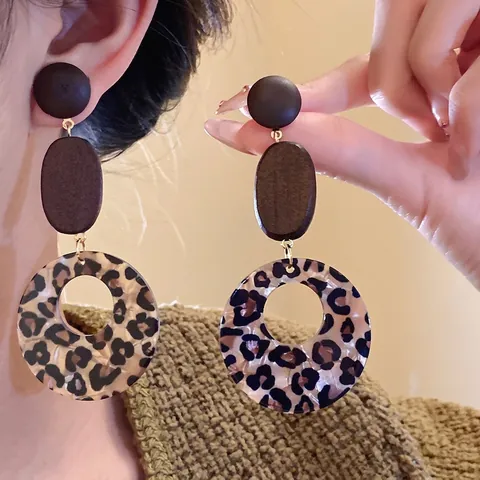 Retro Wooden Acrylic Leopard Print Round Drop Earrings For Women 925 Sterling Silver Earring Post Geometric Handmade Jewelry