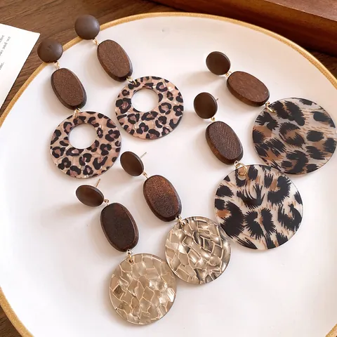 Retro Wooden Acrylic Leopard Print Round Drop Earrings For Women 925 Sterling Silver Earring Post Geometric Handmade Jewelry