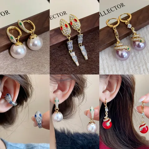 Vintage Alloy Snake Shaped Rhinestone Earrings With Silver Earring Post Artificial Pearl Zodiac Snake Stud Earrings For Women