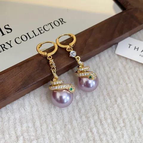 Vintage Alloy Snake Shaped Rhinestone Earrings With Silver Earring Post Artificial Pearl Zodiac Snake Stud Earrings For Women