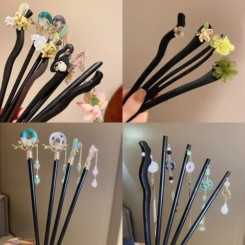 Neuer Chinesischer Stil Holz Blume Quaste Haarnadel Vintage Antik Haarstab Für Hanfu Qipao Damen Haarschmuck Schmuck